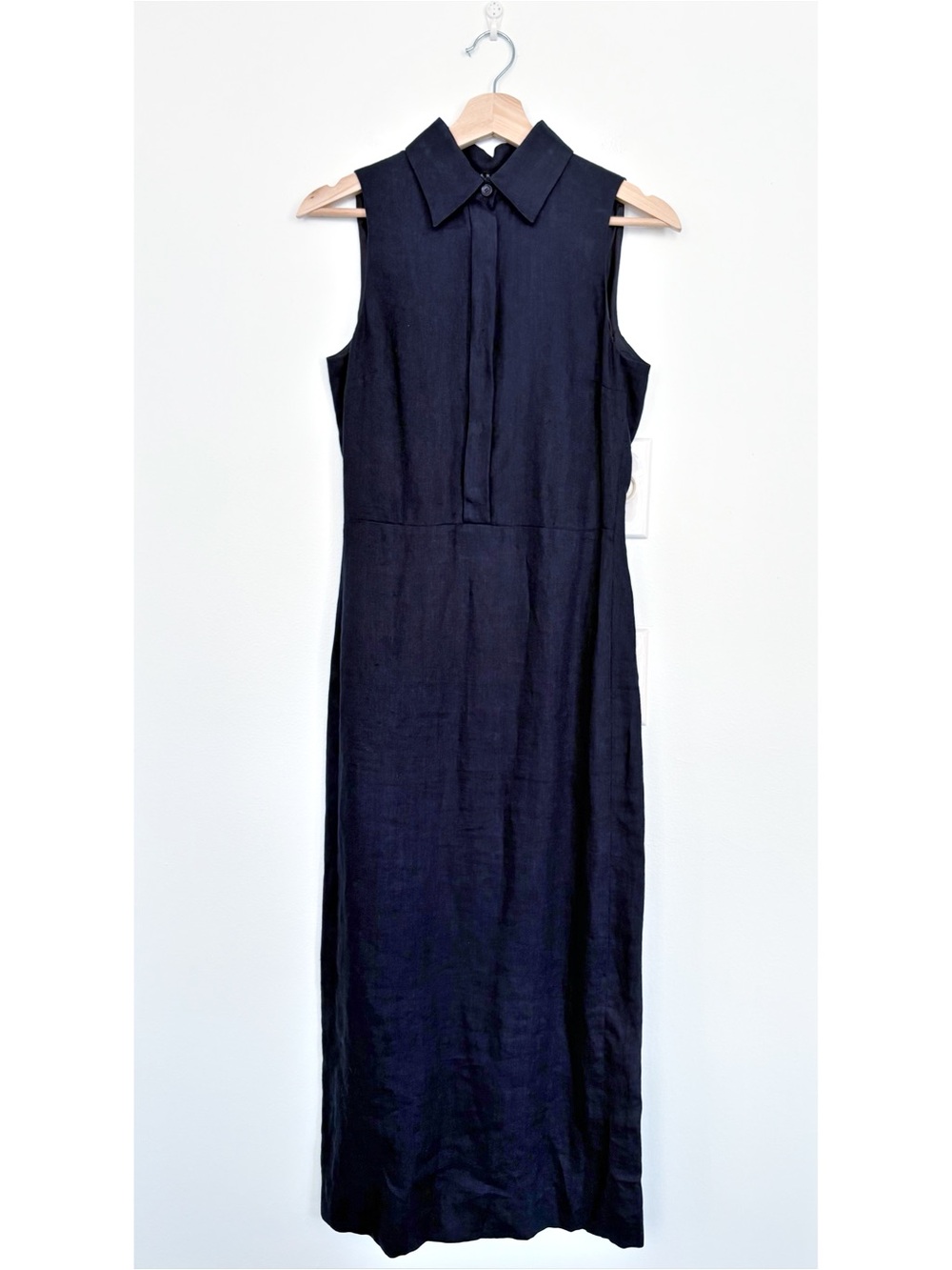Richard Tyler Collection || Linen Collared Midi Dress Sleeveless Shirtdress Navy